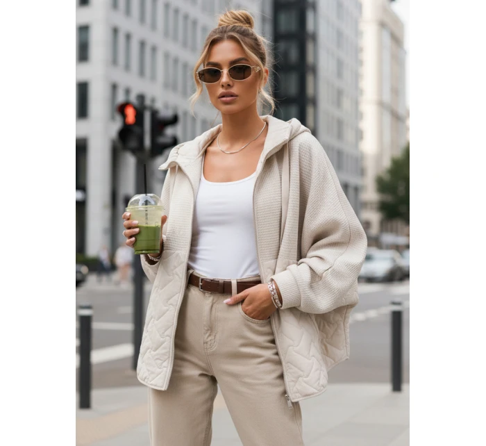 Dámská přechodná bunda oversize s kapucí ecru FashionStreet TY5592 Dámská přechodná bunda oversize s kapucí ecru FashionStreet TY5592