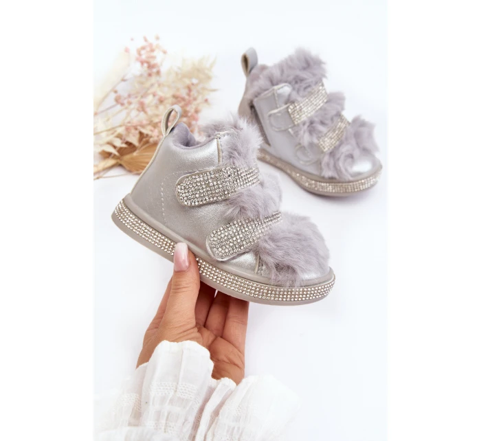 Kožené dětské zimní boty s kožíškem Stříbrné model 21641902 - Boto
