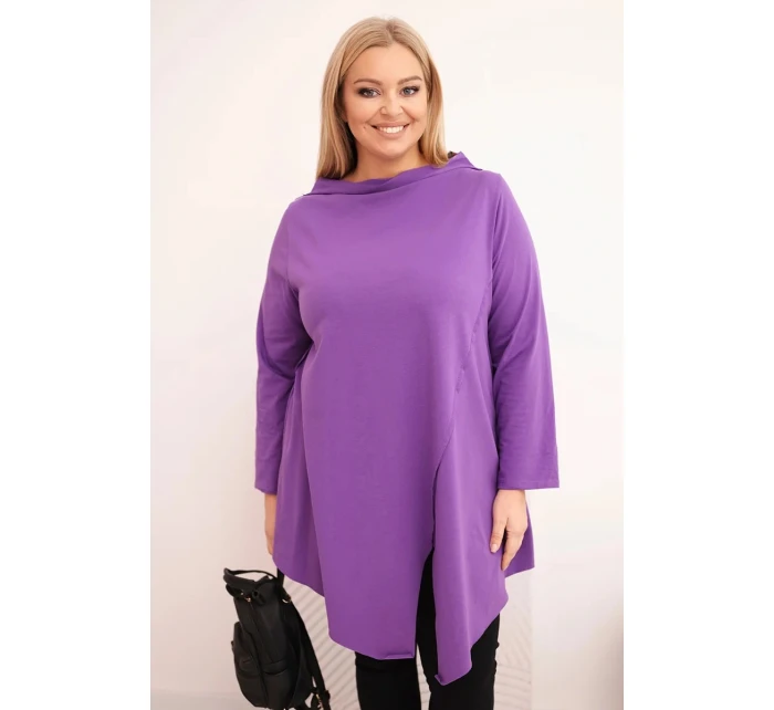 Dámská bavlněná blůza Plus Size asymetrická s ohrnovaným rukávem fialová