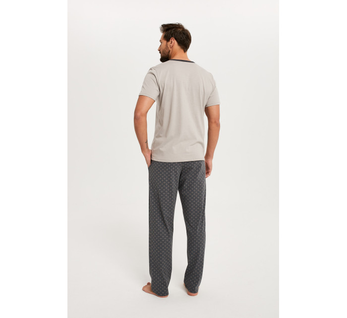 Pánské pyžamo Abel, krátký rukáv, dlouhé nohavice - béžová/potisk