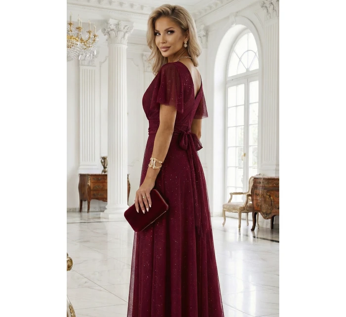 Dlouhé lesklé šaty 635-5 MELANIA vínové - Numoco Dlouhé lesklé šaty 635-5 MELANIA vínové - Numoco