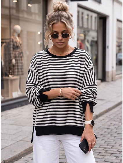 Dámská bavlněná mikina oversize s pruhy Azara, černá, FashionStreet RY2934 Dámská bavlněná mikina oversize s pruhy Azara, černá, FashionStreet RY2934