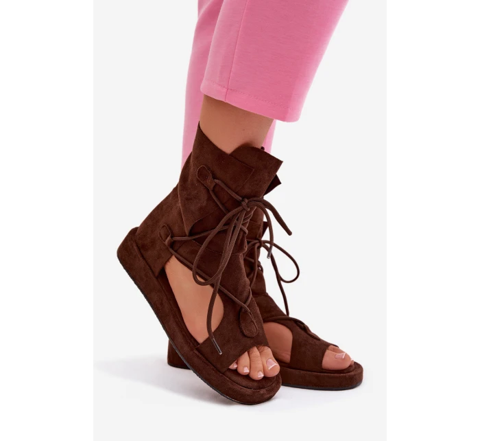 Dámské sandály Eko semiš s vysokým páskem a šněrováním Čokoládové Ferlisse