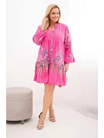 Dámské bavlněné šaty Plus Size s výstřihem do V a knoflíky květinový vzor fuchsiová