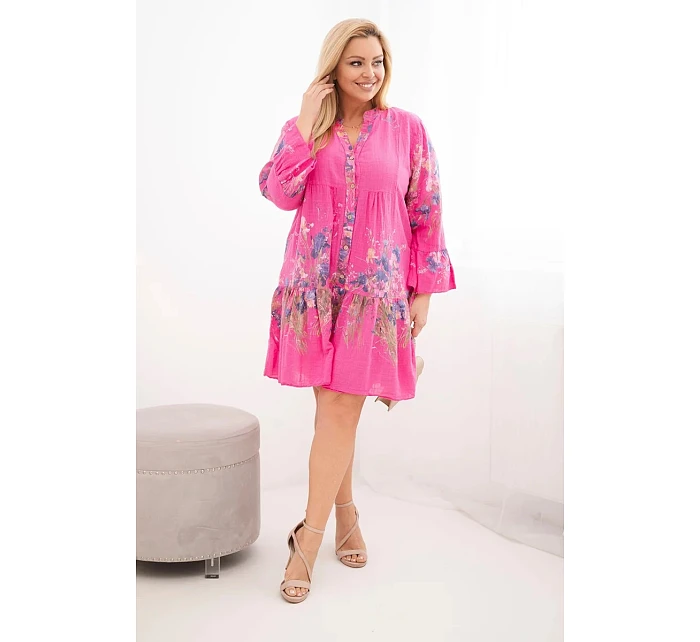 Dámské bavlněné šaty Plus Size s výstřihem do V a knoflíky květinový vzor fuchsiová