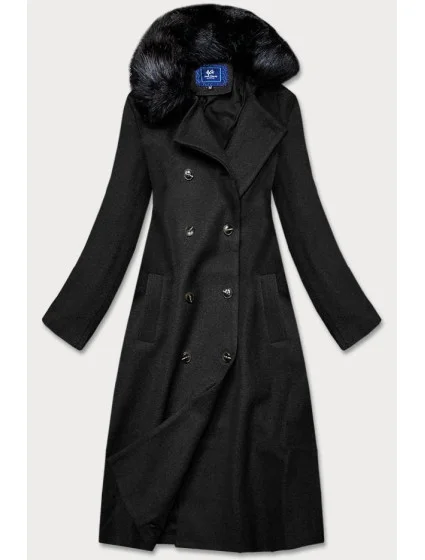 Dlouhý černý kabát s kožešinovým límcem (20201202)