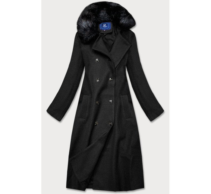 Dlouhý černý kabát s kožešinovým límcem (20201202)