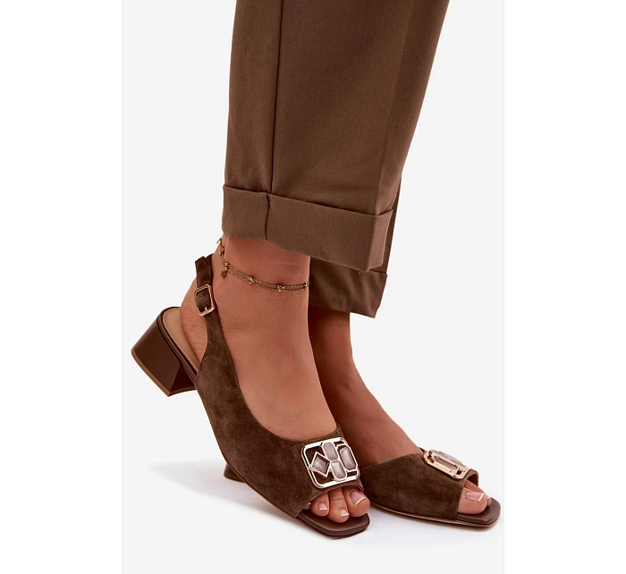 Elegantní sandály z přírodního semiše na podpatku D&A model 22100299 Hnědé - S.Barski