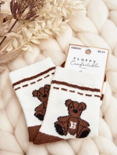 Mládežnické teplé ponožky s medvídkem, bílé a hnědé