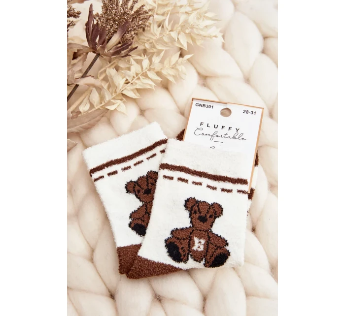 Mládežnické teplé ponožky s medvídkem, bílé a hnědé