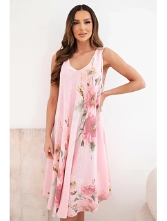 Dámské bavlněné oversize šaty s výstřihem do V a květinovým potiskem světle růžová