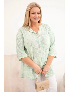 Dámská bavlněná halenka Plus Size s krátkým rukávem a ozdobným knoflíkem mentolová