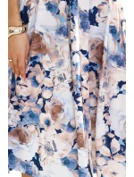 Dámské šaty s výstřihem a krátkými rukávy béžové a modré květy model 21081626 - numoco Dámské šaty s výstřihem a krátkými rukávy béžové a modré květy model 21081626 - numoco