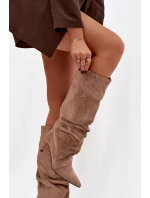 Vlněné kozačky na jehlovém podpatku z eko semiše zateplené béžové model 21757778 - Boto