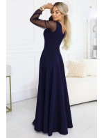 640-3 LORETTA jedinečné dlouhé šaty s tylovými rukávy a výstřihem - tmavě modré