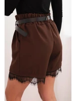 Dámské viskózové šortky s krajkou a páskem hnědé Dámské viskózové šortky s krajkou a páskem hnědé