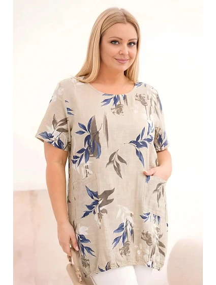 Dámská bavlněná halenka Plus Size s krátkým rukávem a vázáním dole béžová