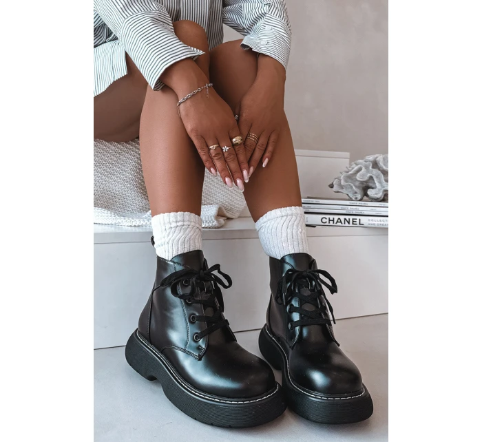 Dámské zateplené kotníkové boty na platformě s šněrováním Černé model 21935154 - Boto