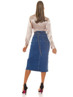 Sexy džínová midi sukně s vysokým pasem a rozparkem