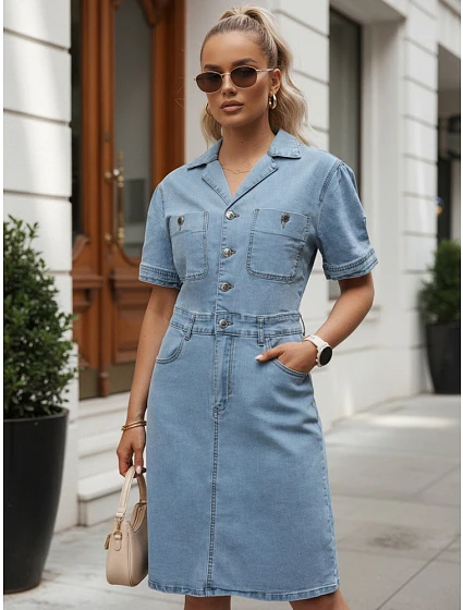 Dámské džínové šaty s krátkými rukávy, modré, FashionStreet EY2687 Dámské džínové šaty s krátkými rukávy, modré, FashionStreet EY2687