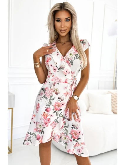 544-1 Obálkové šaty s volánky a kravatami - BRUSSWIN FLOWERS