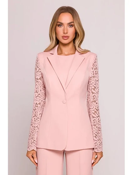 Dámské sako s krajkovými rukávy model 21857561 Pudr růžová - Moe Dámské sako s krajkovými rukávy model 21857561 Pudr růžová - Moe