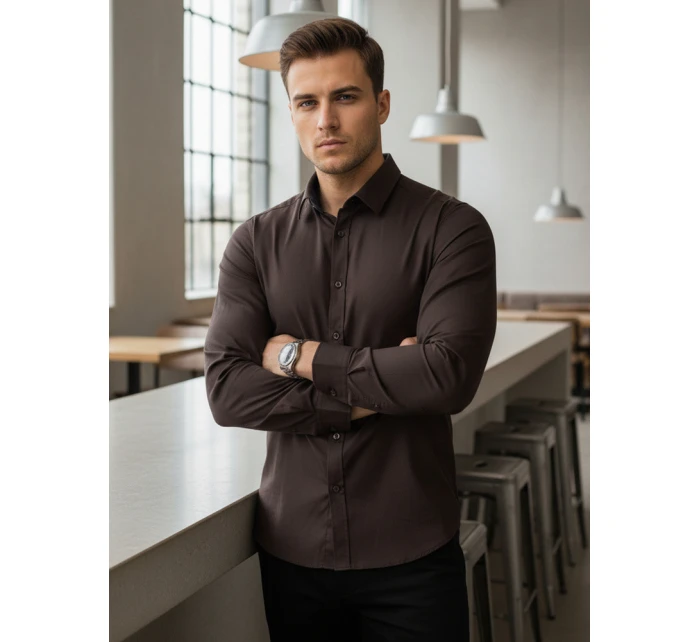 Pánská elegantní hladká tmavě hnědá košile SLIM FIT FashionStreet DX2682