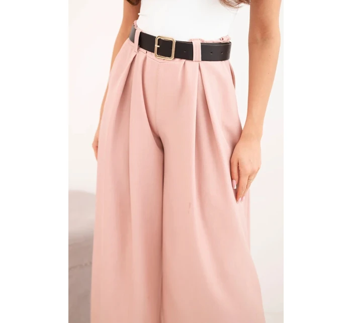 Dámské kalhoty s širokou nohavicí a páskem tmavě pudrově růžové
