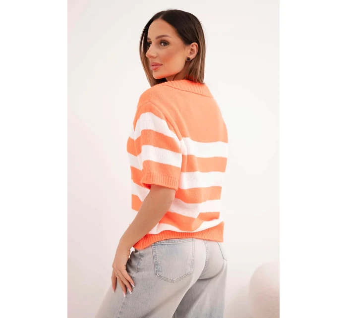 Dámský pruhovaný svetr s límečkem a krátkým rukávem oranžový