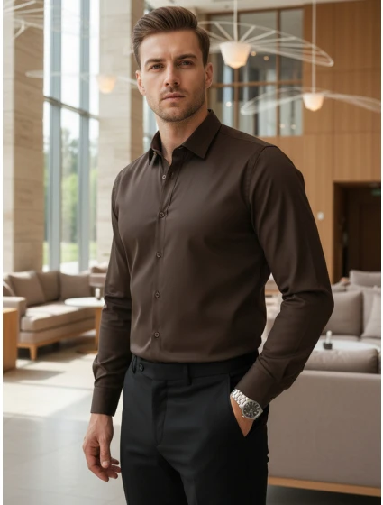 Pánská elegantní hladká tmavě hnědá košile SLIM FIT FashionStreet DX2679 Pánská elegantní hladká tmavě hnědá košile SLIM FIT FashionStreet DX2679