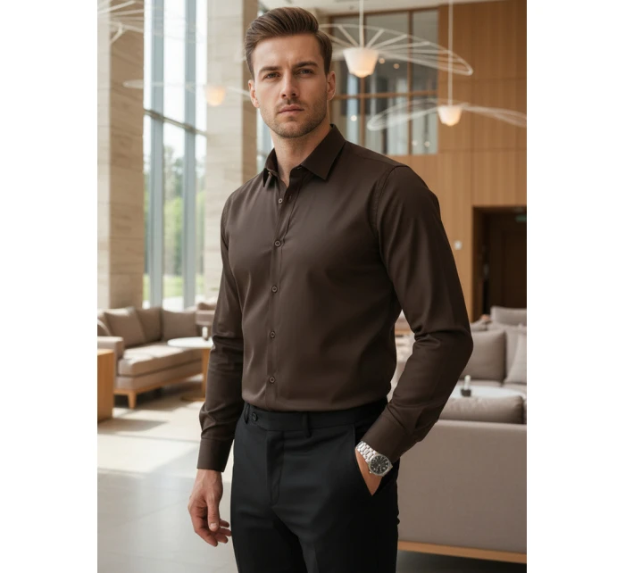 Pánská elegantní hladká tmavě hnědá košile SLIM FIT FashionStreet DX2679 Pánská elegantní hladká tmavě hnědá košile SLIM FIT FashionStreet DX2679