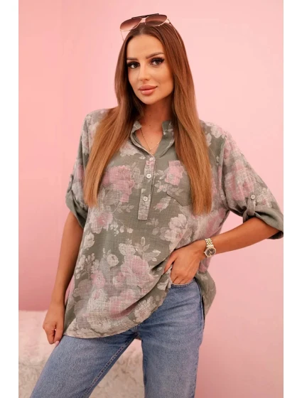 Dámská bavlněná košile s květinovým vzorem a model 21188710 rukávy khaki - K-Fashion