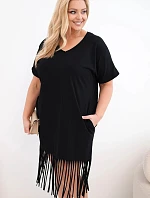 Dámské bavlněné šaty s výstřihem do V a třásněmi Plus Size černá