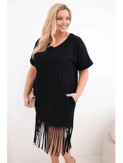 Dámské bavlněné šaty s výstřihem do V a třásněmi Plus Size černá