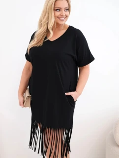 Dámské bavlněné šaty s výstřihem do V a třásněmi Plus Size černá