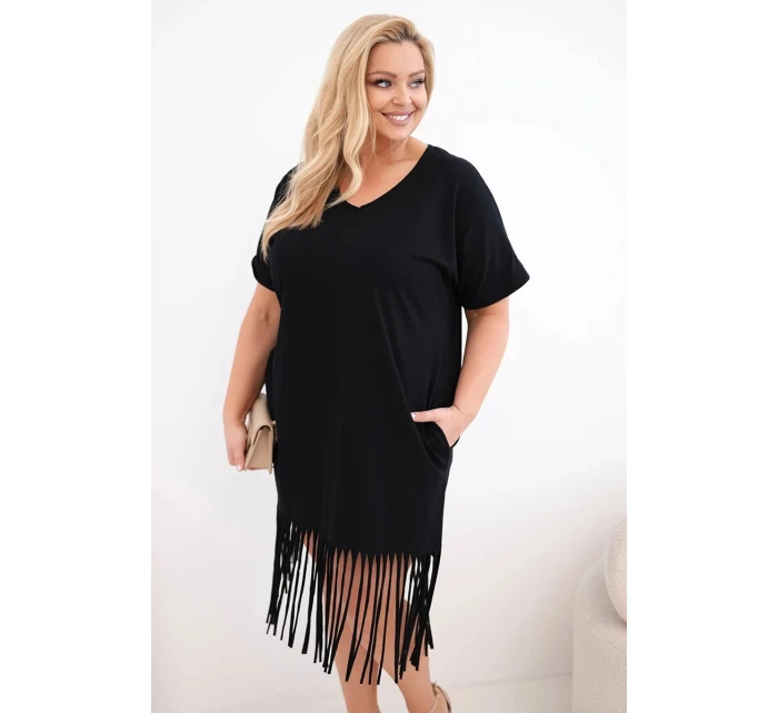 Dámské bavlněné šaty s výstřihem do V a třásněmi Plus Size černá