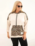 Dámská mikina Plus Size z viskózy s kapucí a panterkovými vsadkami béžová
