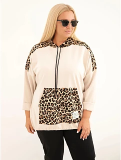 Dámská mikina Plus Size z viskózy s kapucí a panterkovými vsadkami béžová
