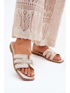 Zdobené pantofle na plochém podpatku béžové model 21699494 - Boto