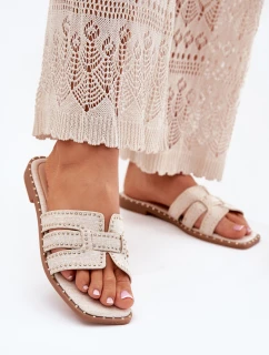 Zdobené pantofle na plochém podpatku béžové model 21699494 - Boto