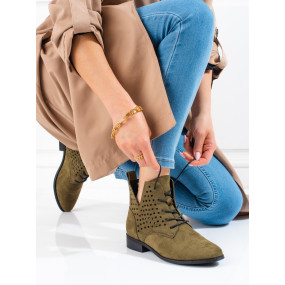 Designové dámské  kotníčkové boty zelené na plochém podpatku