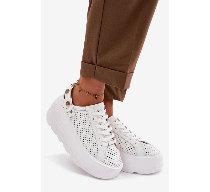 Kožené Ažurové Dámské Tenisky Na Platformě S Páskem Na Patě D&A LR61-7088 Bílé