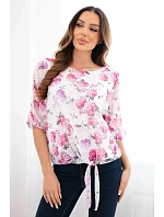 Dámská halenka s květinovým vzorem a vázáním dole fuchsiová