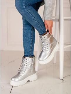 Stylové dámské šedo-stříbrné sněhule na plochém podpatku