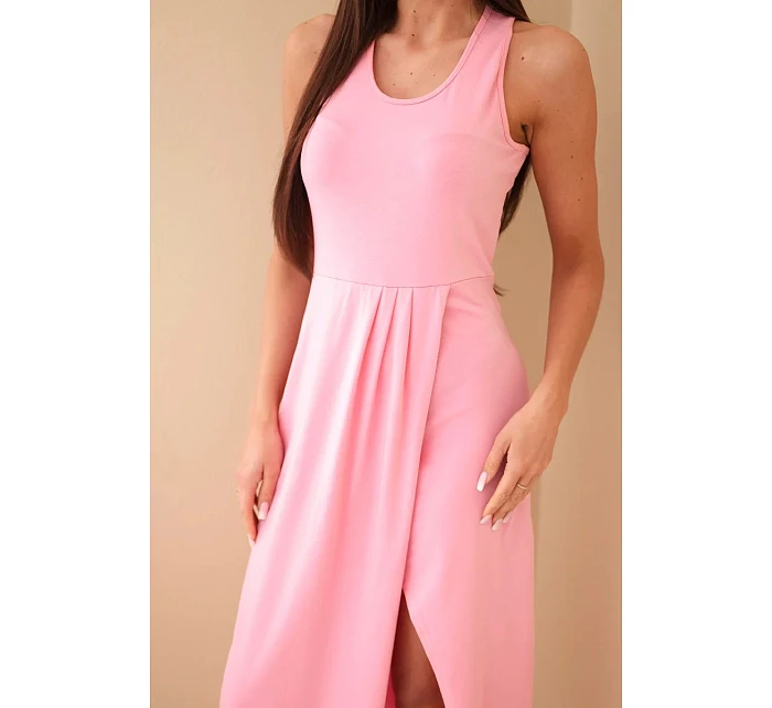 Dámské bavlněné midi šaty bez rukávů s řasením světle růžové Dámské bavlněné midi šaty bez rukávů s řasením světle růžové