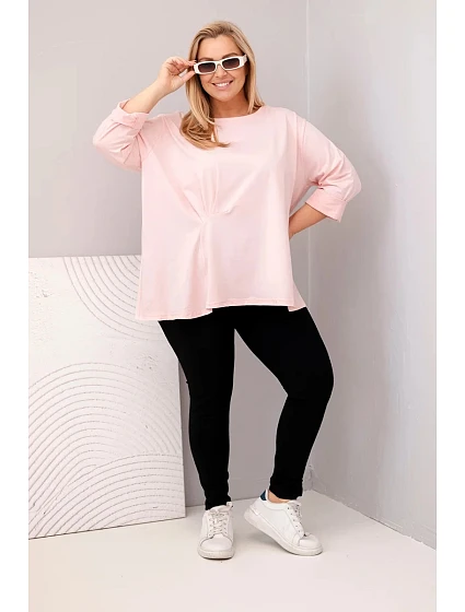 Dámská blůza plus size s bavlnou a dlouhým rukávem a nařasením pudrově růžová