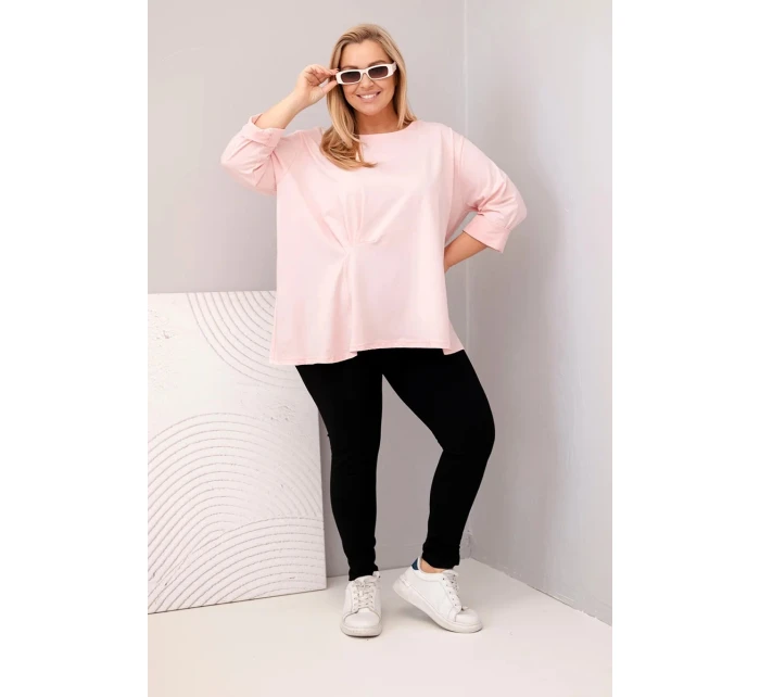 Dámská blůza plus size s bavlnou a dlouhým rukávem a nařasením pudrově růžová