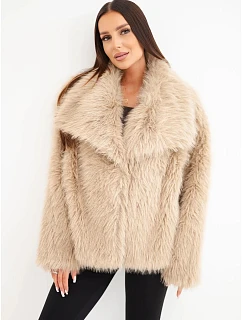 Krátká dámská model 22550884 bunda s velkým límcem camel - K-Fashion