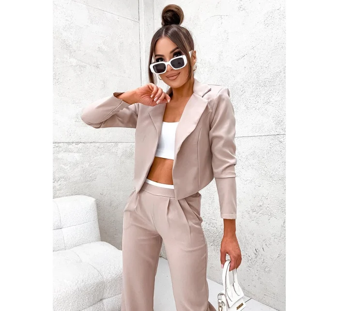 Béžový dámský komplet krátké sako a široké kalhoty model 19763935 - Moon Béžový dámský komplet krátké sako a široké kalhoty model 19763935 - Moon