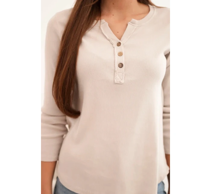 Dámská bavlněná blůza s dlouhým rukávem a knoflíky u výstřihu béžová